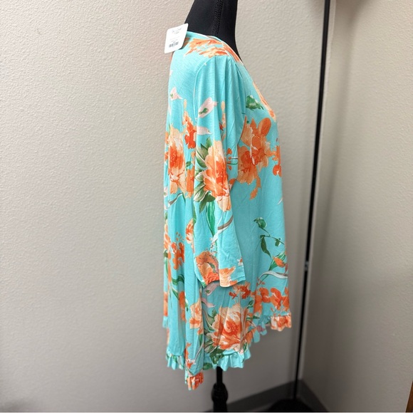 Tee for the Soul Floral Aqua and Orange High Low Women's Top. 1XL - Picture 4 of 7